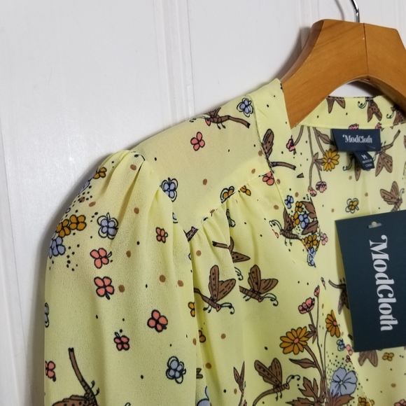 ModCloth Romper Womens Size M Yellow Floral Dragonfly Long Sleeve Jumper - Picture 5 of 14